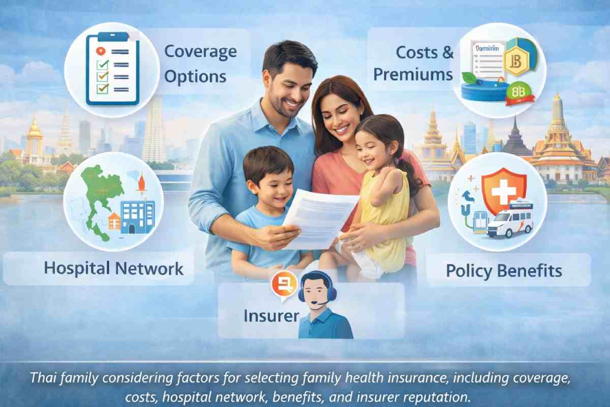 Thai family reviewing health insurance options with icons representing coverage, costs, hospital network, and policy benefits.