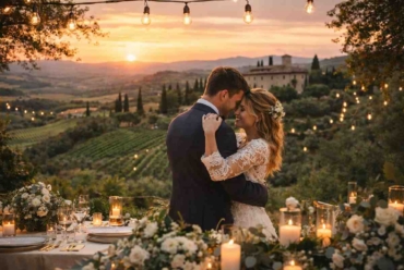 Romantic Tuscan wedding at sunset with a bride and groom embracing in a vineyard overlooking rolling hills in Italy