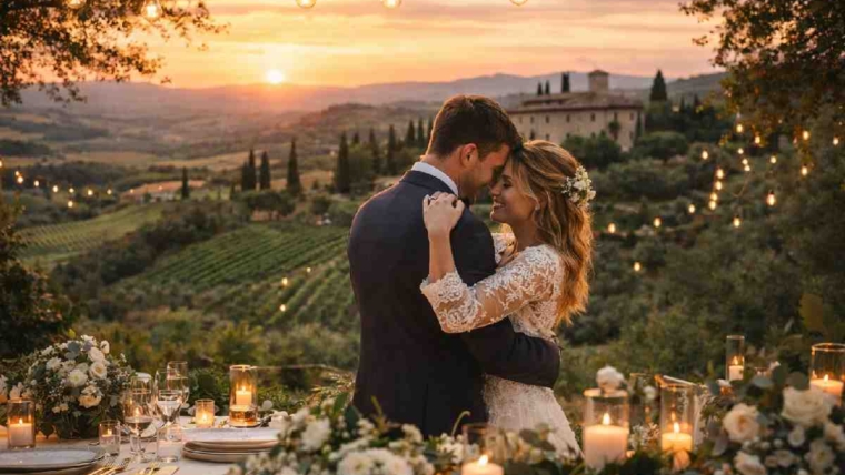 Romantic Tuscan wedding at sunset with a bride and groom embracing in a vineyard overlooking rolling hills in Italy