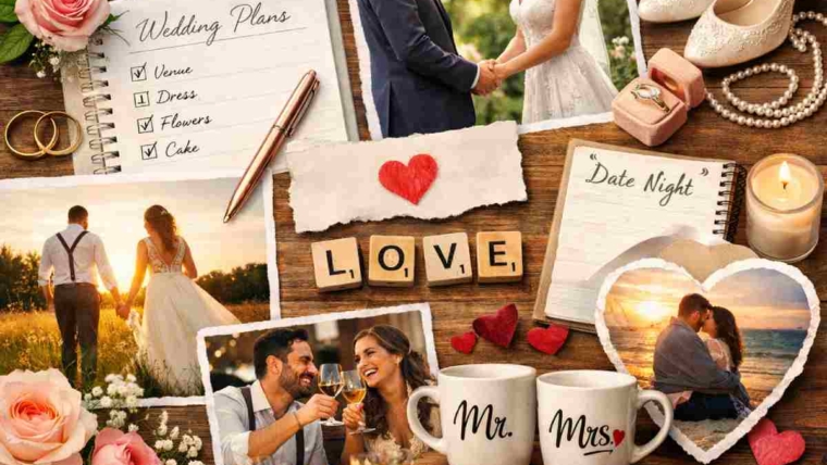 Romantic wedding collage with couple, rings, and bridal details symbolizing lasting love.