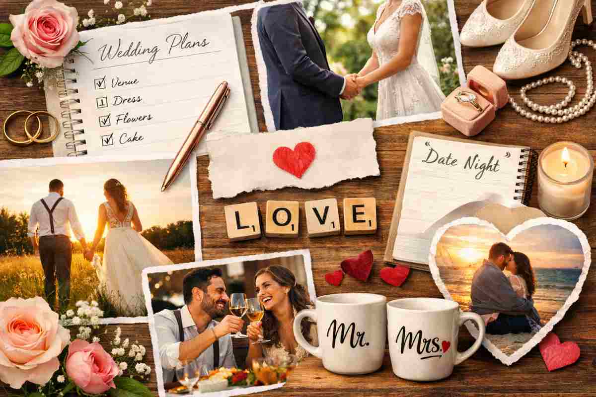 Romantic wedding collage with couple, rings, and bridal details symbolizing lasting love.