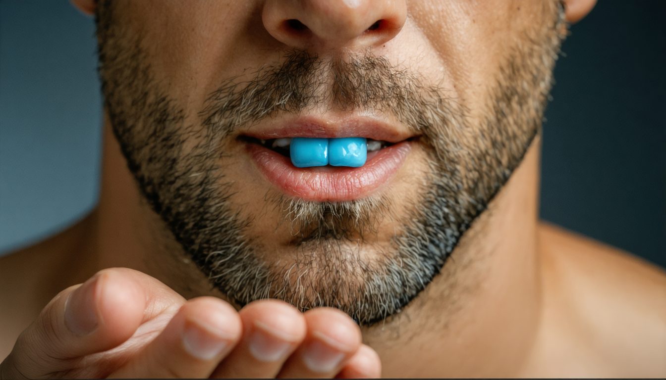 Blister pack of tadalafil tablets with a glass of water on a bedside table, symbolizing medical treatment for erectile dysfunction and men’s health