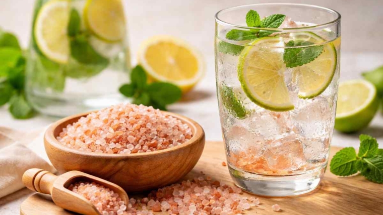 Glass of lemon and mint infused water with ice beside a bowl of Himalayan pink salt on a wooden surface
