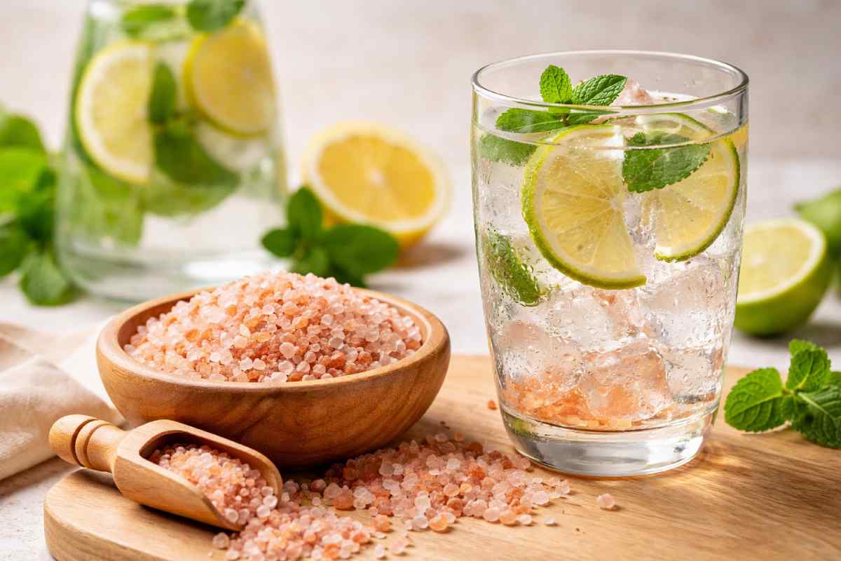 Glass of lemon and mint infused water with ice beside a bowl of Himalayan pink salt on a wooden surface