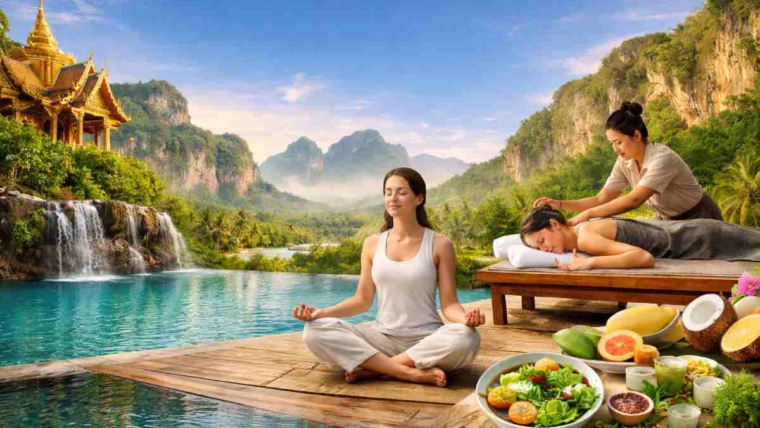 Woman meditating by infinity pool in tropical Thailand wellness retreat with Thai massage and healthy detox food