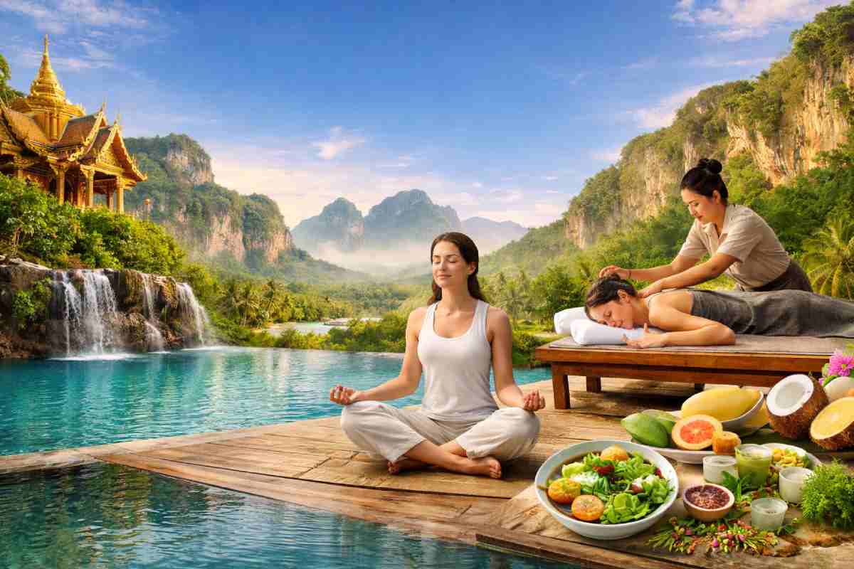 Woman meditating by infinity pool in tropical Thailand wellness retreat with Thai massage and healthy detox food