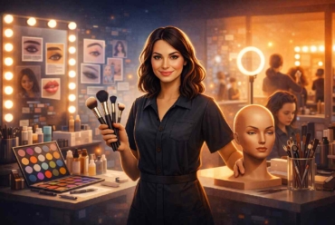 Beauty professional learning and practicing makeup skills as part of a beauty education career path