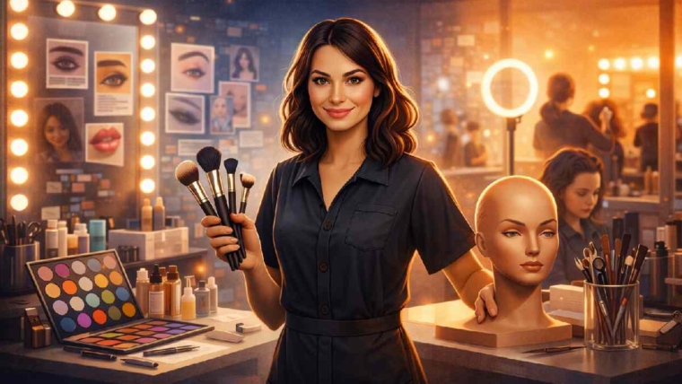 Beauty professional learning and practicing makeup skills as part of a beauty education career path