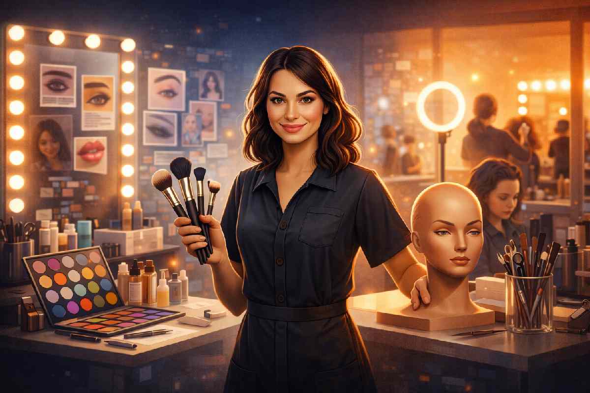 Beauty professional learning and practicing makeup skills as part of a beauty education career path