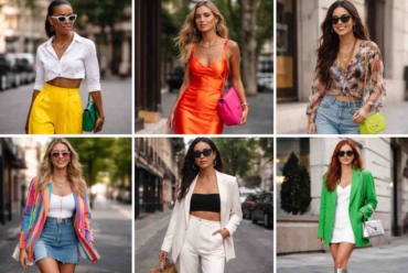 Collage of six stylish women wearing bold, colorful outfits with statement accessories in urban street settings, showcasing effortless standout fashion.