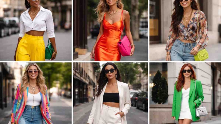 Collage of six stylish women wearing bold, colorful outfits with statement accessories in urban street settings, showcasing effortless standout fashion.