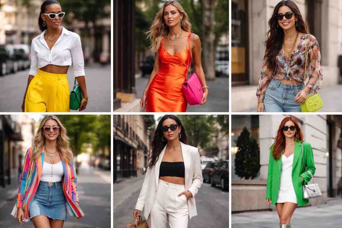 Collage of six stylish women wearing bold, colorful outfits with statement accessories in urban street settings, showcasing effortless standout fashion.
