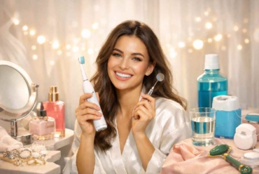 woman holding electric toothbrush as part of glow up oral health routine