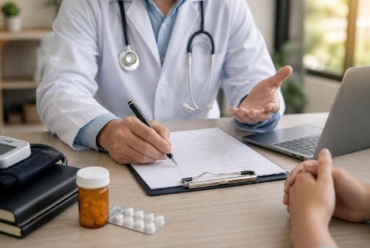 doctor writing prescription during patient consultation