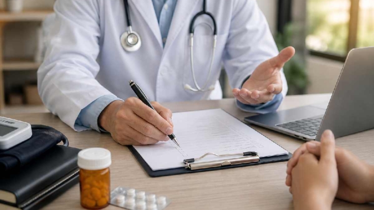 doctor writing prescription during patient consultation