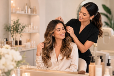Beauty transformation treatment at a modern beauty salon with stylist and client.