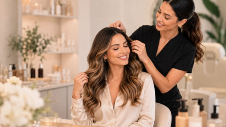 Beauty transformation treatment at a modern beauty salon with stylist and client.