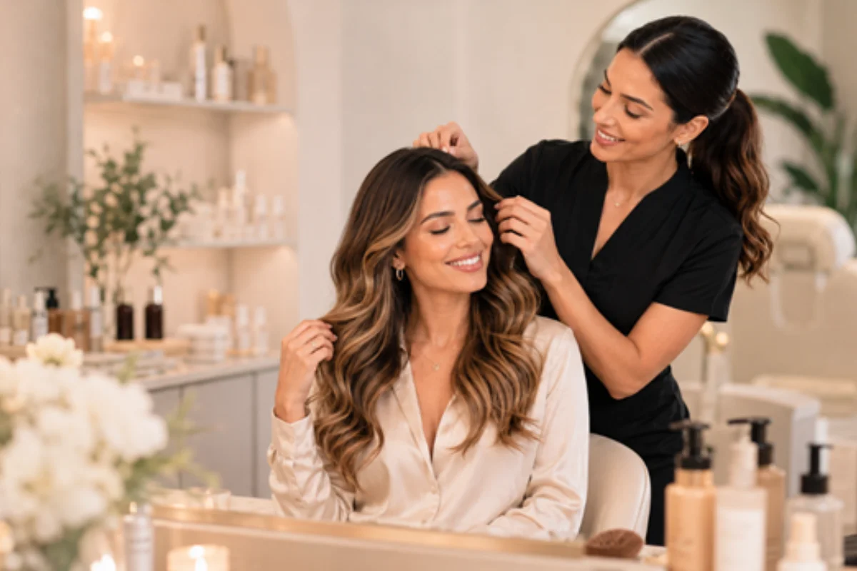 Beauty transformation treatment at a modern beauty salon with stylist and client.