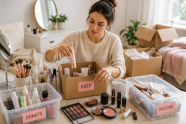 Organizing beauty products before moving house