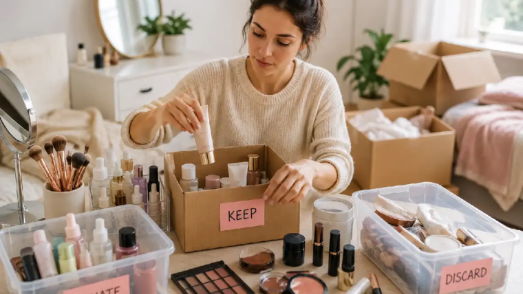 Organizing beauty products before moving house