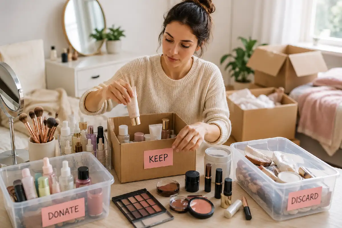 Organizing beauty products before moving house