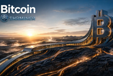 BlackRock Bitcoin outlook with SHRMiner cloud mining and large Bitcoin symbol at sunset