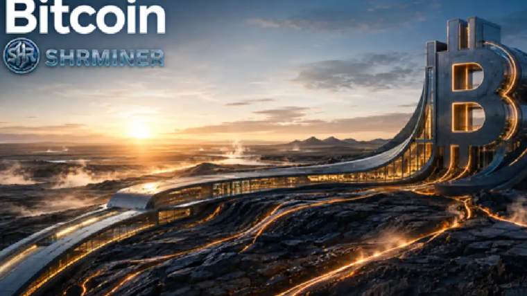 BlackRock Bitcoin outlook with SHRMiner cloud mining and large Bitcoin symbol at sunset