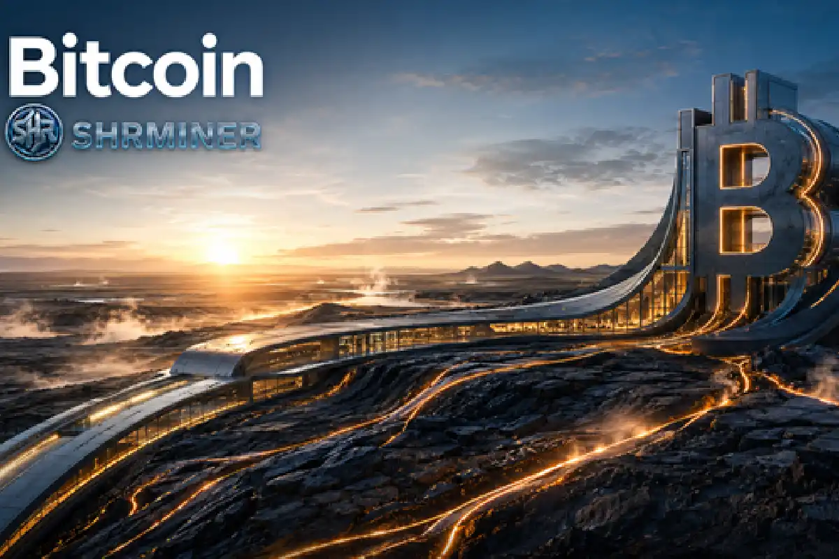 BlackRock Bitcoin outlook with SHRMiner cloud mining and large Bitcoin symbol at sunset
