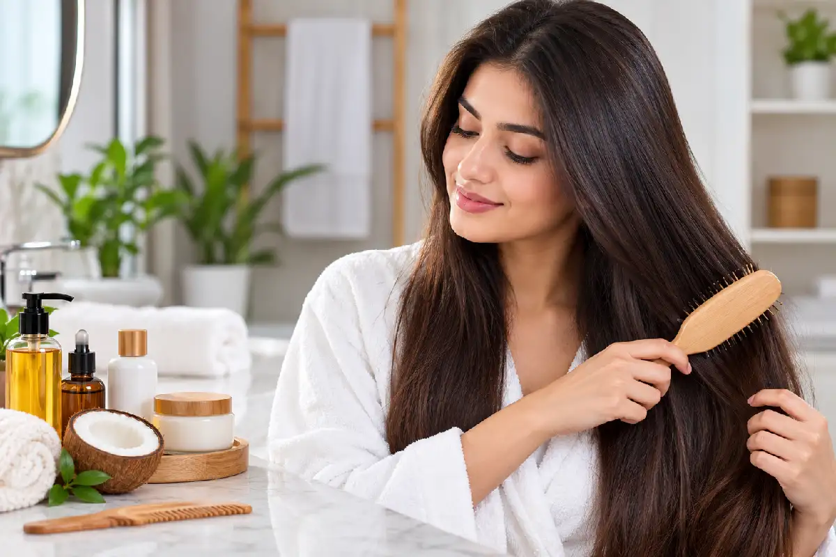Woman gently brushing long hair to prevent everyday hair damage